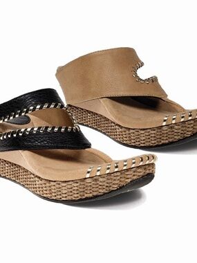 Modzori Reversibles Woven Espadrille Wedge Slides in Black and Tan